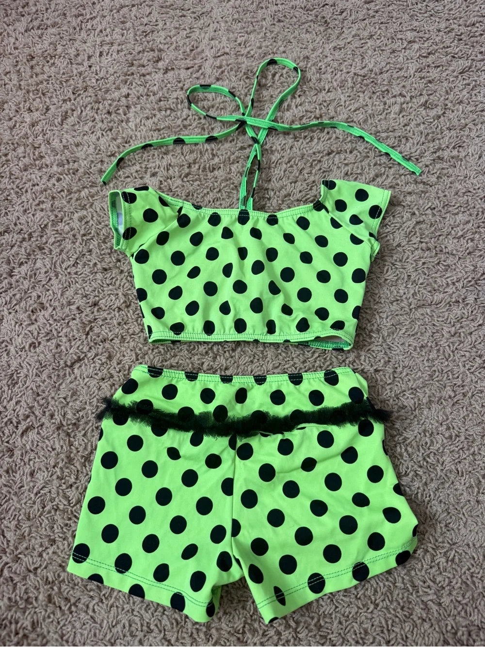 Neon Green Polka Dot Dance Set for Kids - Halter Crop Top & Shorts CM